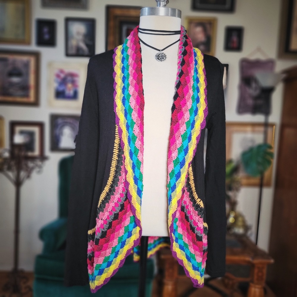 Double Zero Cardigan Black Rainbow Crochet‎ Open Front Boho Festival Trim Small